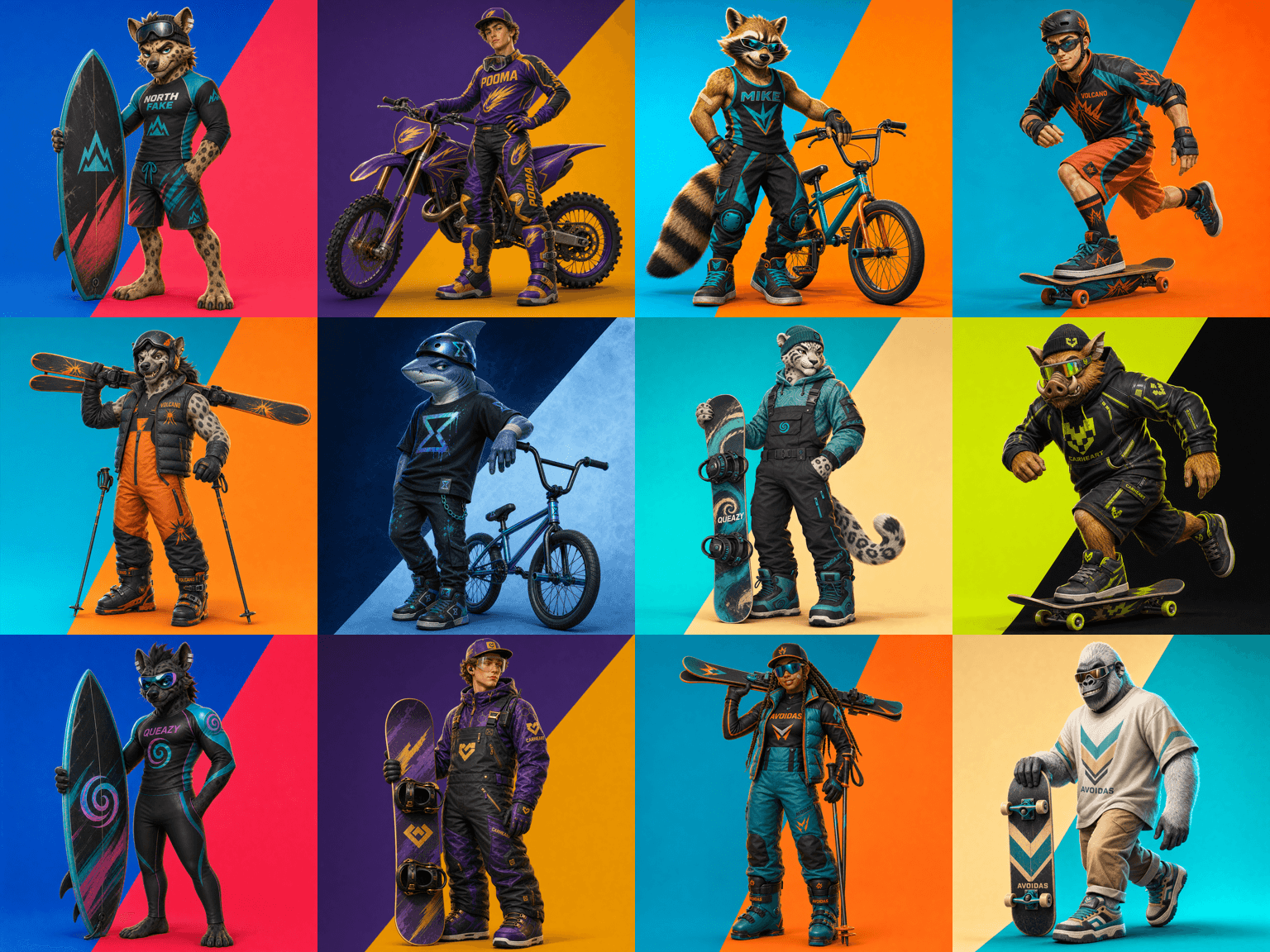Twelve metadata-matched Gravity Goons production proofs across six action sports