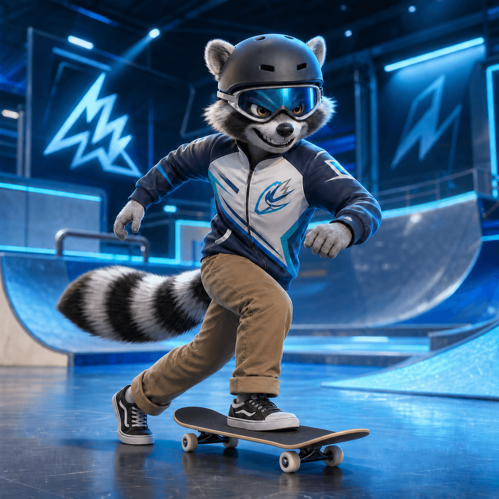 Gravity Goons #0035, PROCRASTIGONIA Raccoon Skateboarding athlete